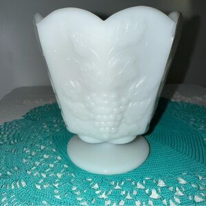 Vintage E.O. Brody White Milk Glass Pedestal Vase with Grape Leaf Design 5 inch‎